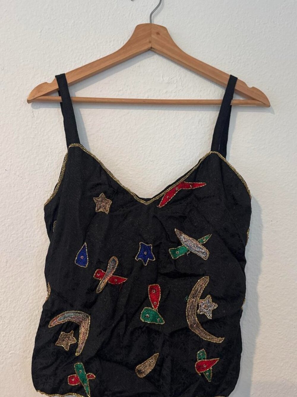 Sonia New York Paris black rayon cami top with colorful embroidered shapes